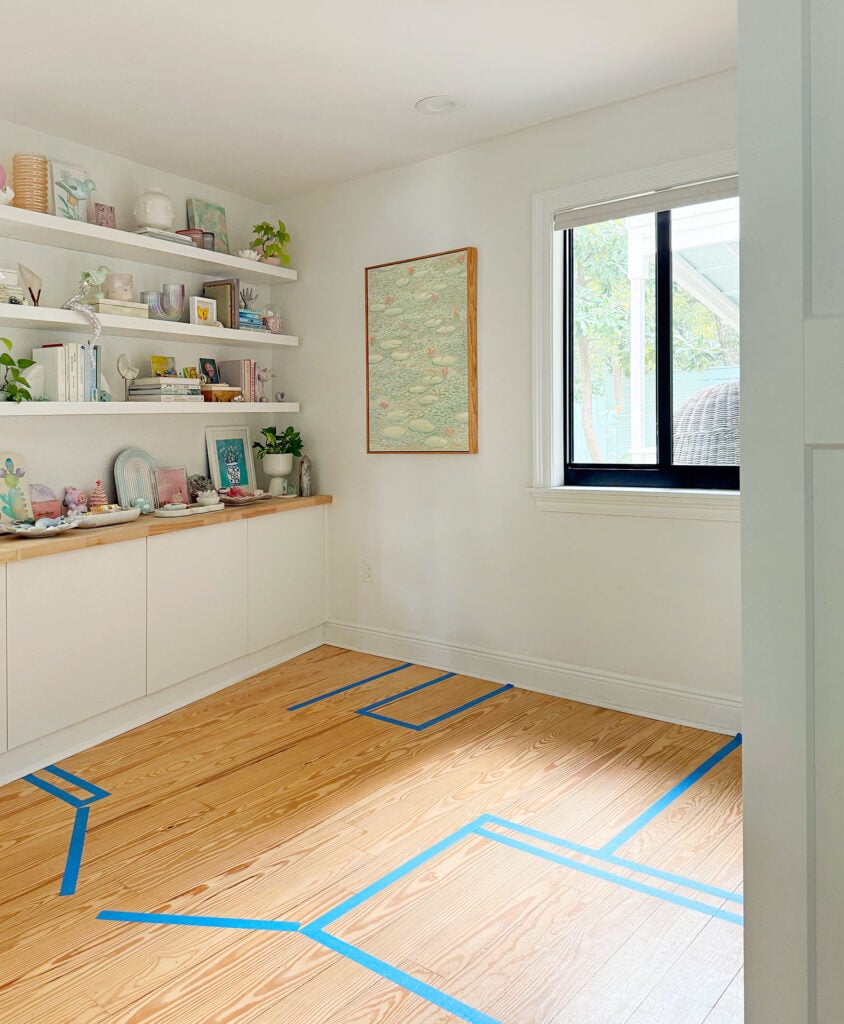 bathroom-renovation-tape-on-floor-844x1024-1 Painters Tape On Floor To Designate Bathroom Renovation Layout