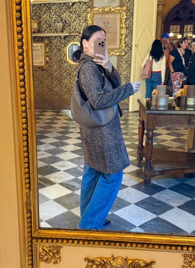 sherry-in-mirror-with-leopard-coat-745x1024-1 Sherry Selfie In Mirror With Leopard Coat And Jeans In Florence Italty