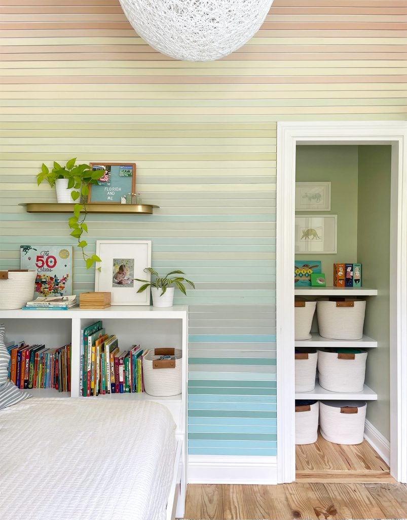 small-colorful-bedroom-wall-treatment-hero-wall-803x1024-1 Kids Bedroom With Paneled Wall Full Of Colorful Slats And Custom Closet Shelves