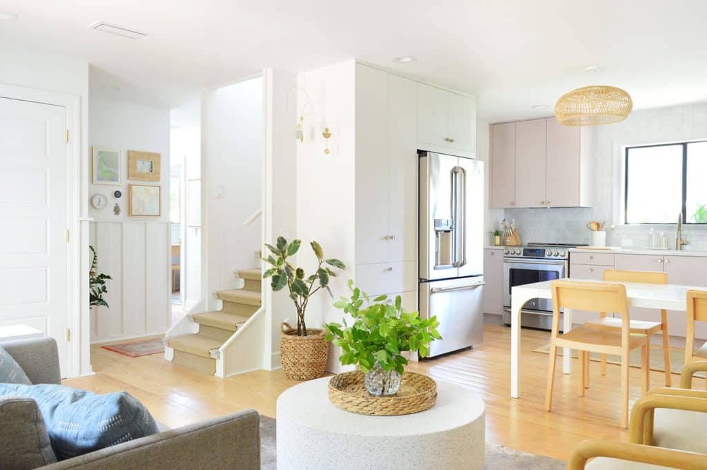 small-kitchen-angle-laundry-to-sink-1024x681-1 Wide View Of Beachy Mauve Kitchen and Seating Area With Stairs