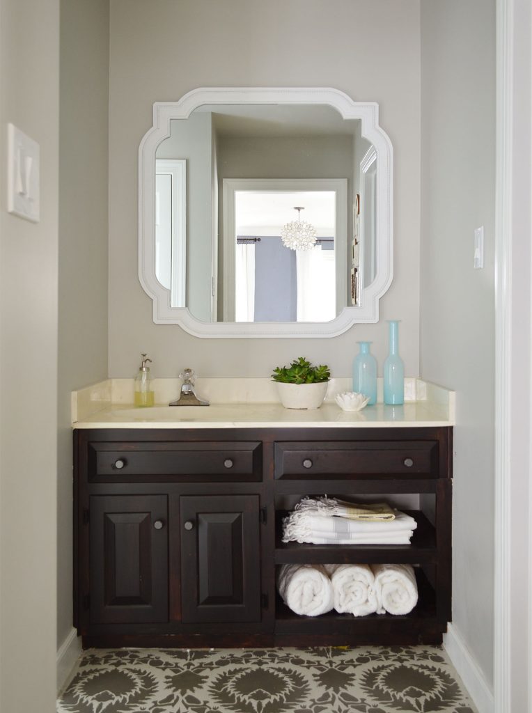 bathroom-with-bm-revere-pewter-walls-764x1024-1 Bathroom Vanity Area With BM Revere Pewter Walls