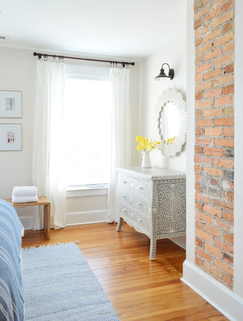 beach-house-updates-front-bedroom-chimney-775x1024-1 Exposed Brick Fireplace In Beach House Front Bedroom And Inlay Dresser
