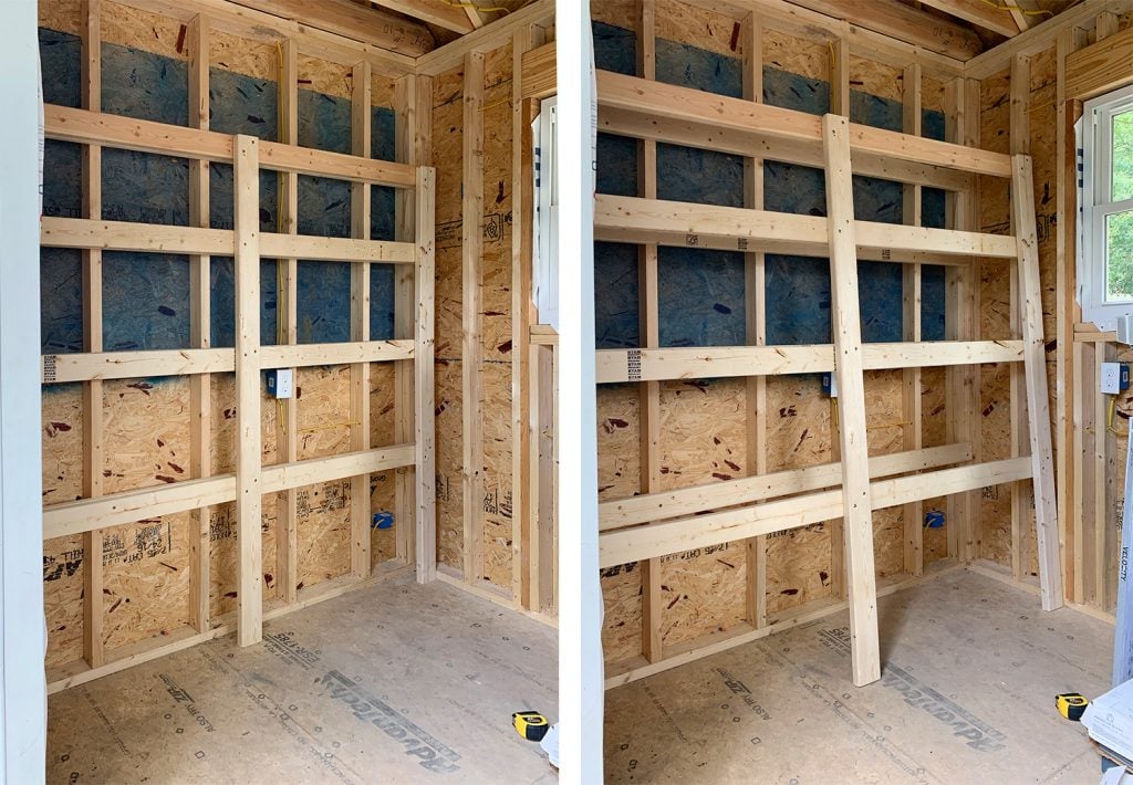 beach-shed-organization-shelves-being-built-1024x710-1 heavy duty DIY wood shelves with front panel piece pulled off