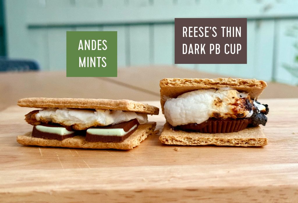 chocolate-alternatives-close-up-1024x698-1 Upgraded Smores With Andes Mints and Reeses Thin Dark Peanut Butter Cup