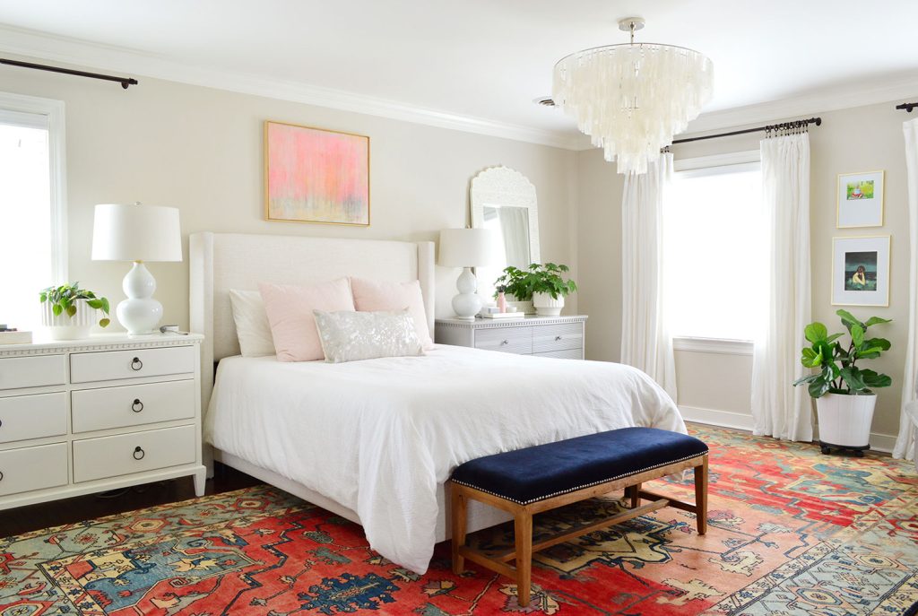 edgecomb-gray-bedroom-1024x687-1 Traditional Bedroom With Capiz Light Fixture And Edgecomb Gray Walls