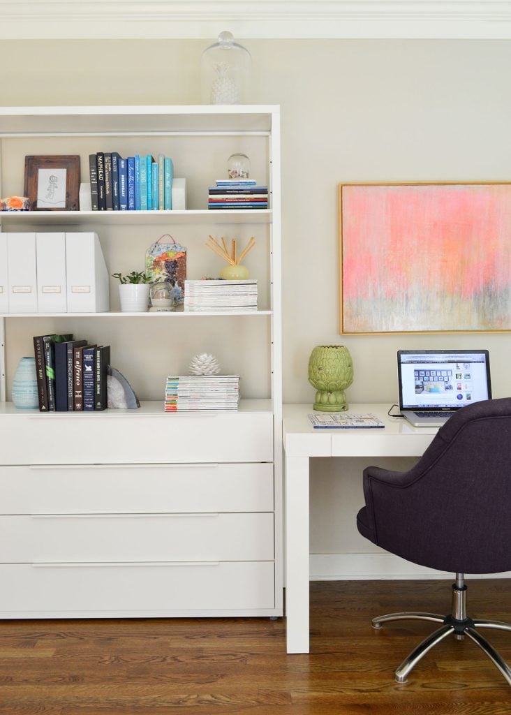 edgecomb-gray-home-office-detail-732x1024-1 Home Office Desk And Shelves With Edgecomb Gray Paint