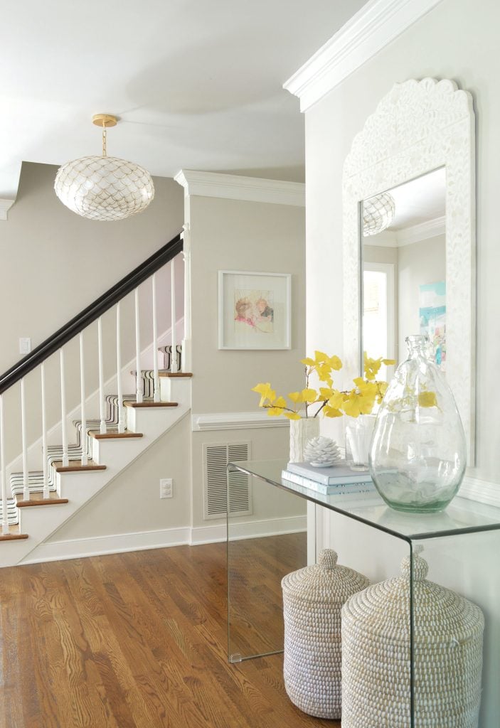 foyer-mirror-edgecomb-gray-walls-and-revere-pewter-ceiling-703x1024-1 Greige Foyer With Revere Pewter Ceiling and Edgecomb Gray Walls