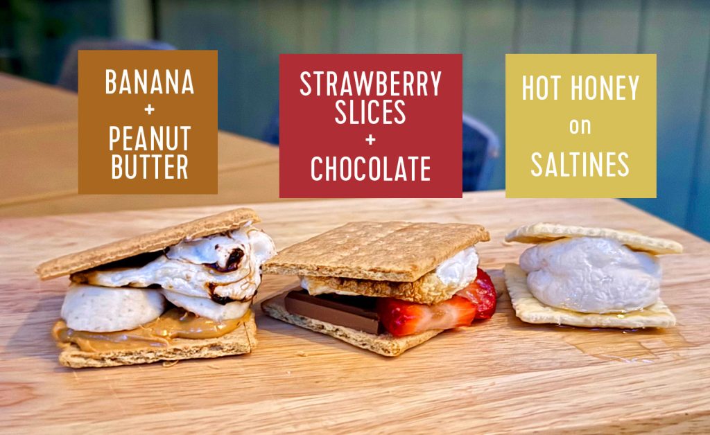 fruit-and-spread-smores-close-up-2-1024x628-1 Upgraded Smores With Banana And Peanut Butter Strawberry Slices and Chocolate Hot Honey on Saltines