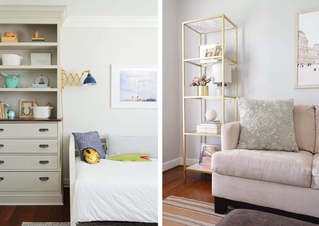 ikea-hacks-bookcase-and-gold-shelf-1024x726-1 Side by side of built in book case Ikea Hack and brass spray painted glass shelf