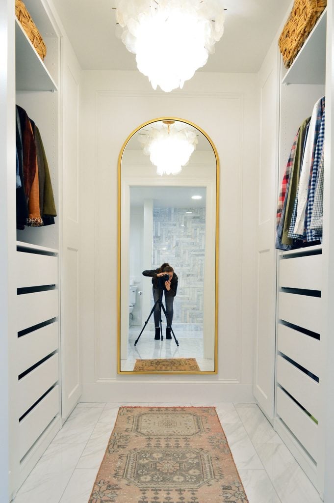 ikea-pax-closet-remodel-sherry-tripod-in-mirror-681x1024-1 Full Shot Of New Ikea Pax Closet With Sherry And Tripod In Gold West Elm Arch Mirror