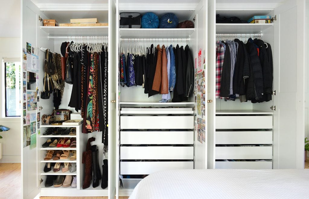 ikea-pax-closet-tour-full-open-1024x661-1 Wall of Open Ikea Pax Wardrobe Closets With Men And Womens Closets