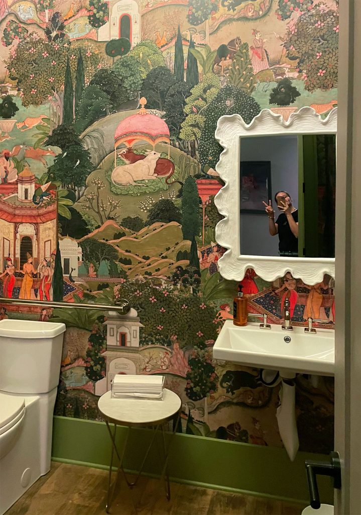 ocean-springs-springs-hotel-bathroom-719x1024-1 Interior of Palmette Bathroom With Wallpaper
