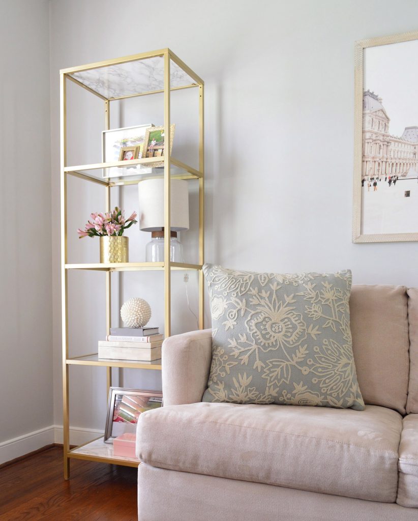repose-gray-in-living-room-with-gold-shelf-822x1024-1 Living Room With Repose Gray Walls And Gold Ikea Shelf