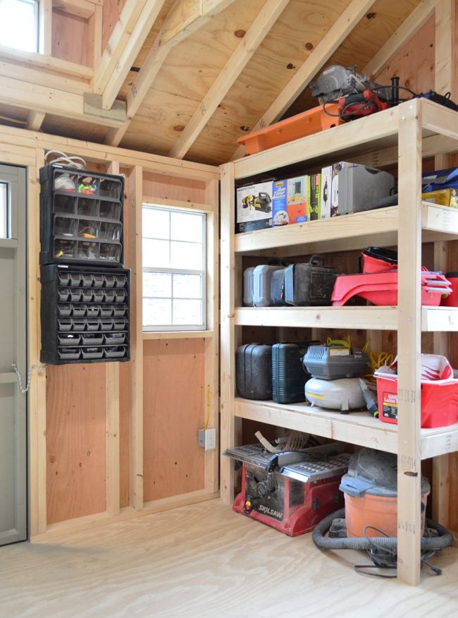 shed-storage-small-part-organizer-with-shelf-650x876-1 heavy duty garage shelves in shed with tools