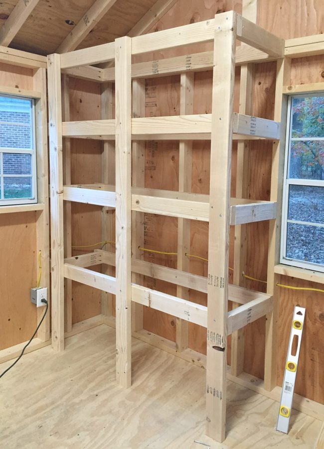 shed-storage-wood-frame-complete-650x902-1 heavy duty wood garage shelving before plywood tops are applied