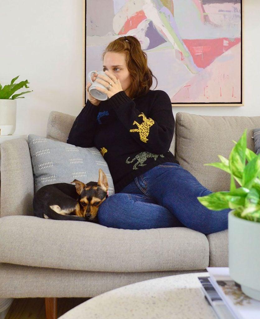 Sherry Sitting With Penny Dog On Couch Drinking Coffee
