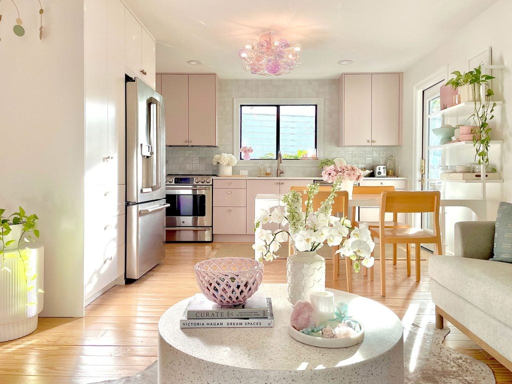 small-ikea-kitchen-with-seating-area-straight-1024x768-2 Small Ikea Kitchen With Mauve Cabinets And Seating Area With Terrazzo Coffee Table