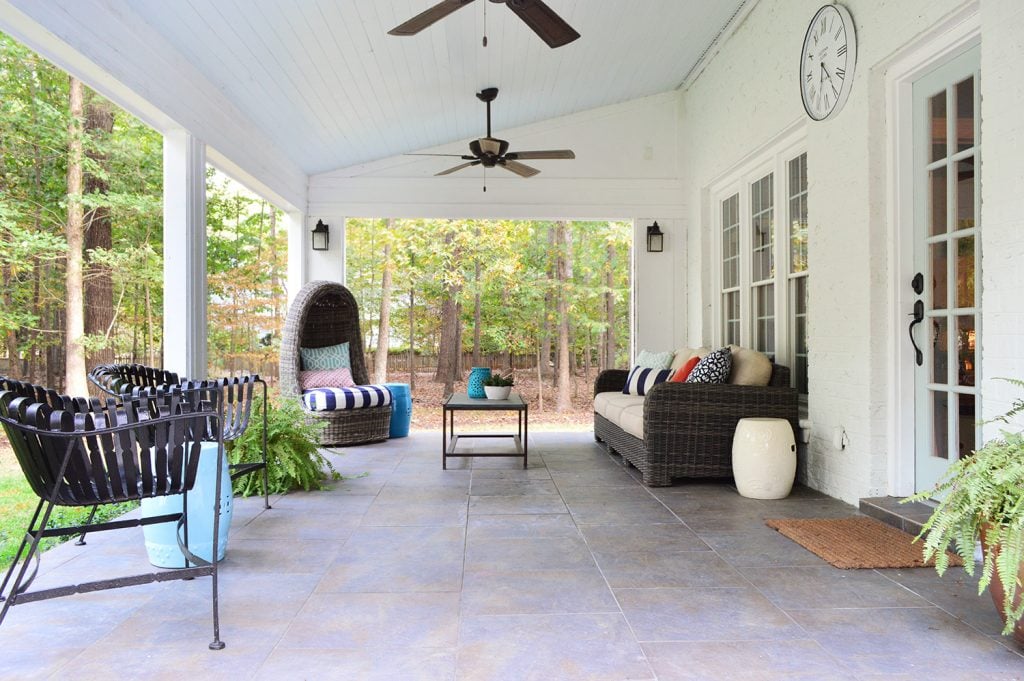 back-porch-updated-fall-2019-1024x681-1 Cover sunroom patio with tile floor and vaulted blue ceiling