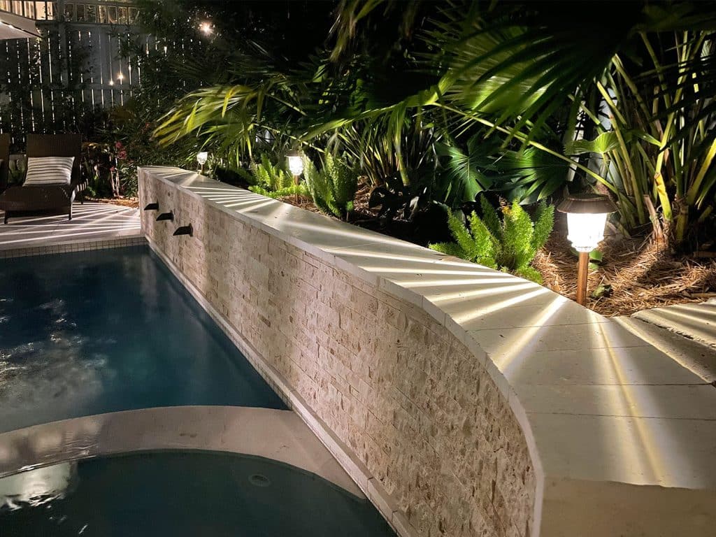 backyard-solar-light-scupper-wall-detail-1024x768-1 LED Solar Pathway Lights Along Retaining Wall Near Backyard Pool