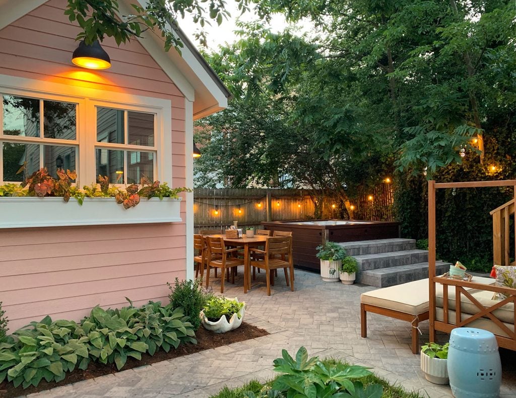 beach-house-backyard-lights-wide-1024x789-1 Beach house backyard with paver patio and pink shed