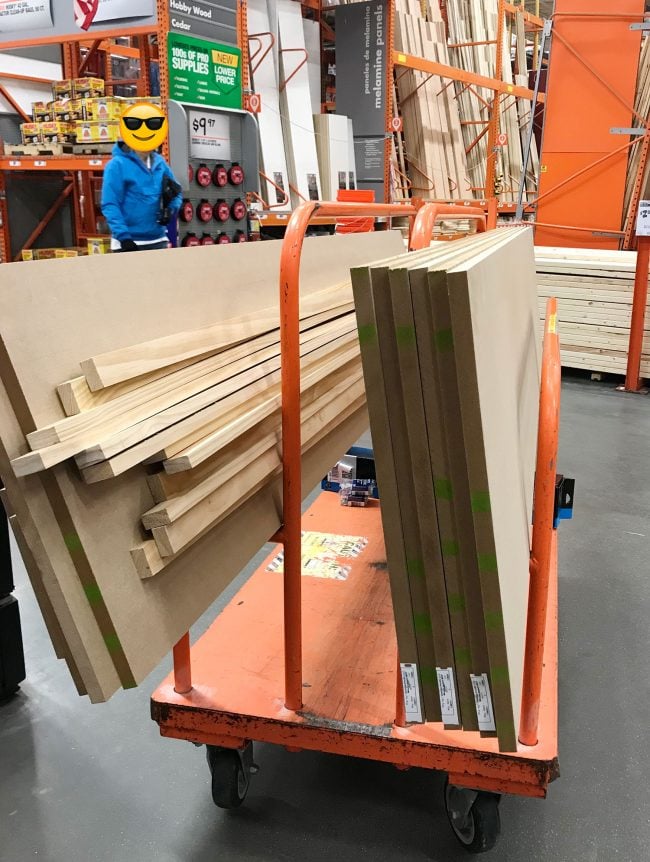 beach-house-pantry-home-depot-boards-650x862-1 cart full of MDF and wood pieces for pantry shelf project