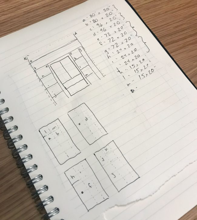 beach-house-pantry-john-notebook-650x723-1 notebook with sketches of pantry shelves with materials outlined