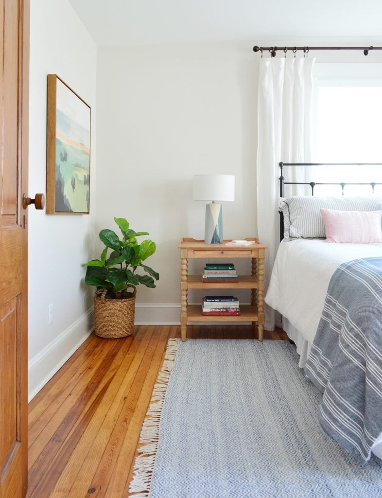 beach-house-updates-front-bedroom-from-door-786x1024-1 Beach House Front Bedroom With Blue Rug And Wooden Nightstand