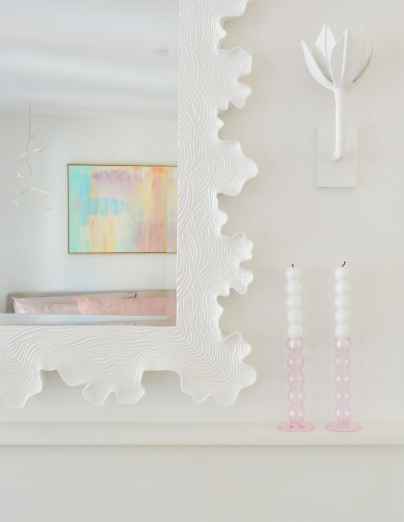 beachy-bedroom-fireplace-detail-closer-792x1024-1 Detail Of White Sculptural Clamshell Scalloped Mirror Over Fireplace