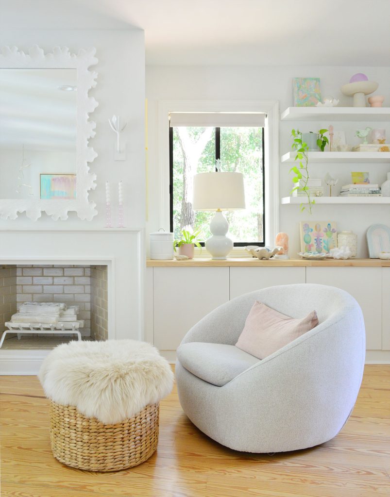beachy-bedroom-fireplace-with-swivel-chair-straight-803x1024-1 White Beachy Bedroom With West Elm Swivel Chair By Fireplace
