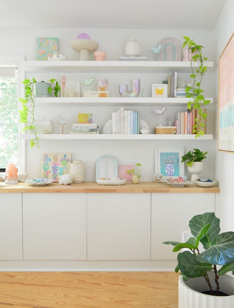beachy-bedroom-mermaidcore-shelves-778x1024-1 White Ikea Lack Shelves Styled With Beachy Books And Butcher Block Counters