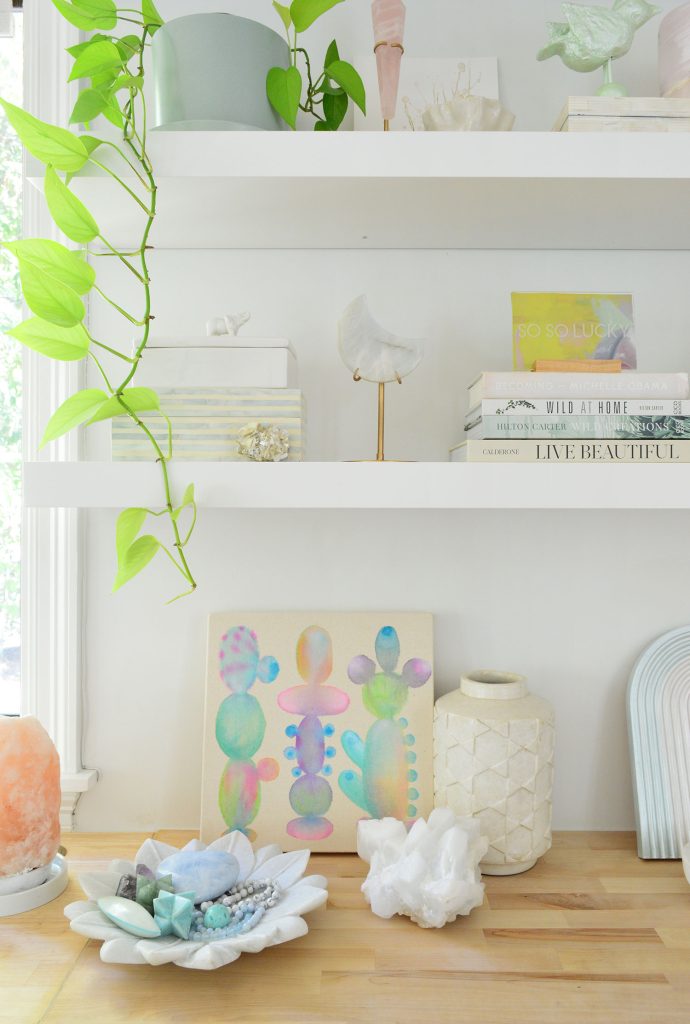 beachy-bedroom-mermaidcore-shelves-detail-690x1024-1 Ikea Lack Shelves Styled with Crystals
