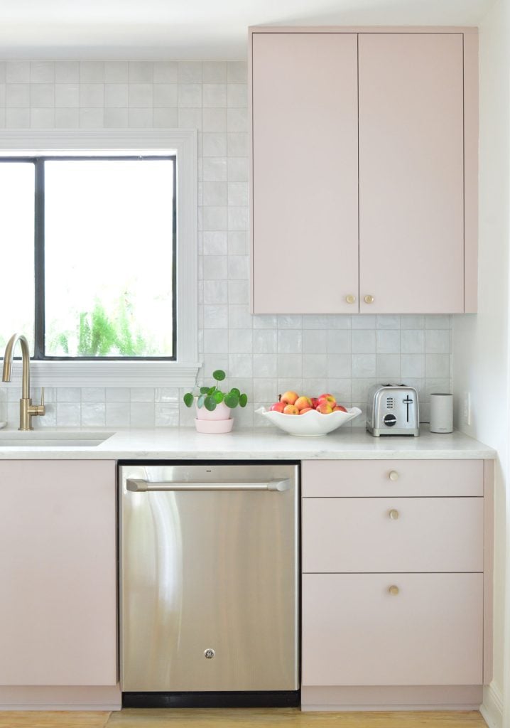 beachy-kitchen-dishwasher-upper-718x1024-1 Upper Cabinet In Painted Ikea Kitchen With Gray Backsplash