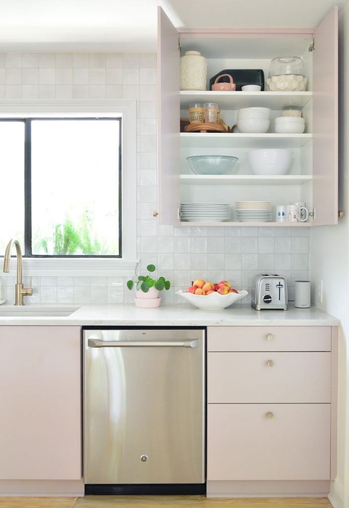 beachy-kitchen-dishwasher-upper-open-705x1024-1 Open View of Upper Cabinet In Painted Ikea Kitchen With Plate Storage