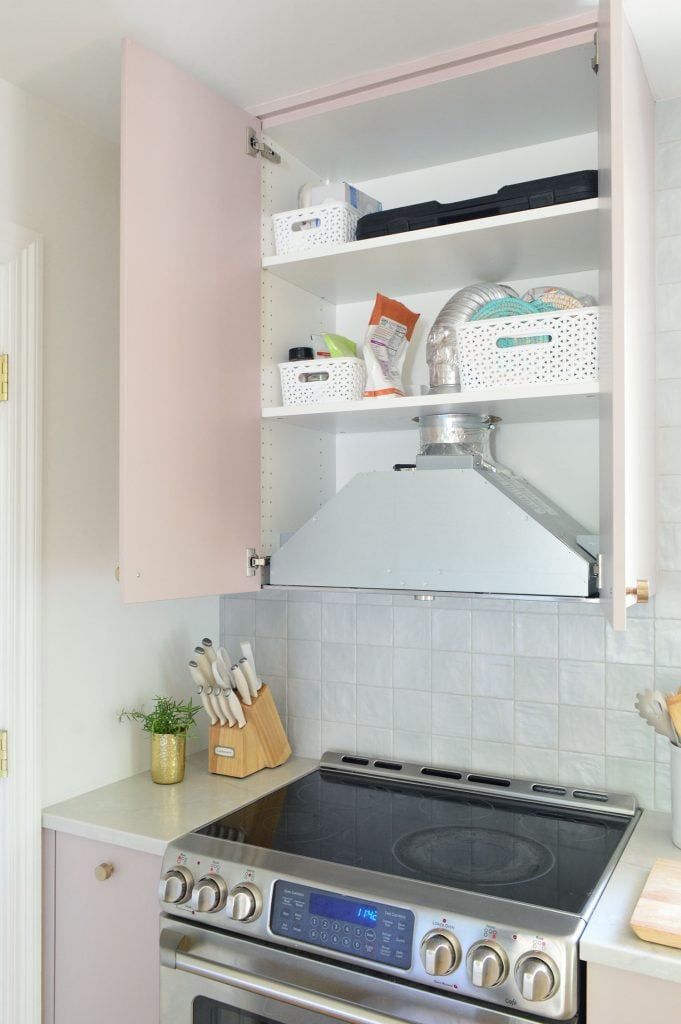 beachy-kitchen-hood-cabinet-open-681x1024-1 Ikea Kitchen Cabinet Doors Open To Show Omsinnad Hood