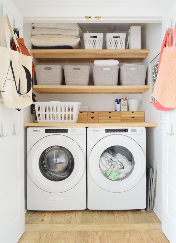 beachy-kitchen-laundry-closet-740x1024-2 Laundry Closet With Blonde Wood DIY Storage Shelving