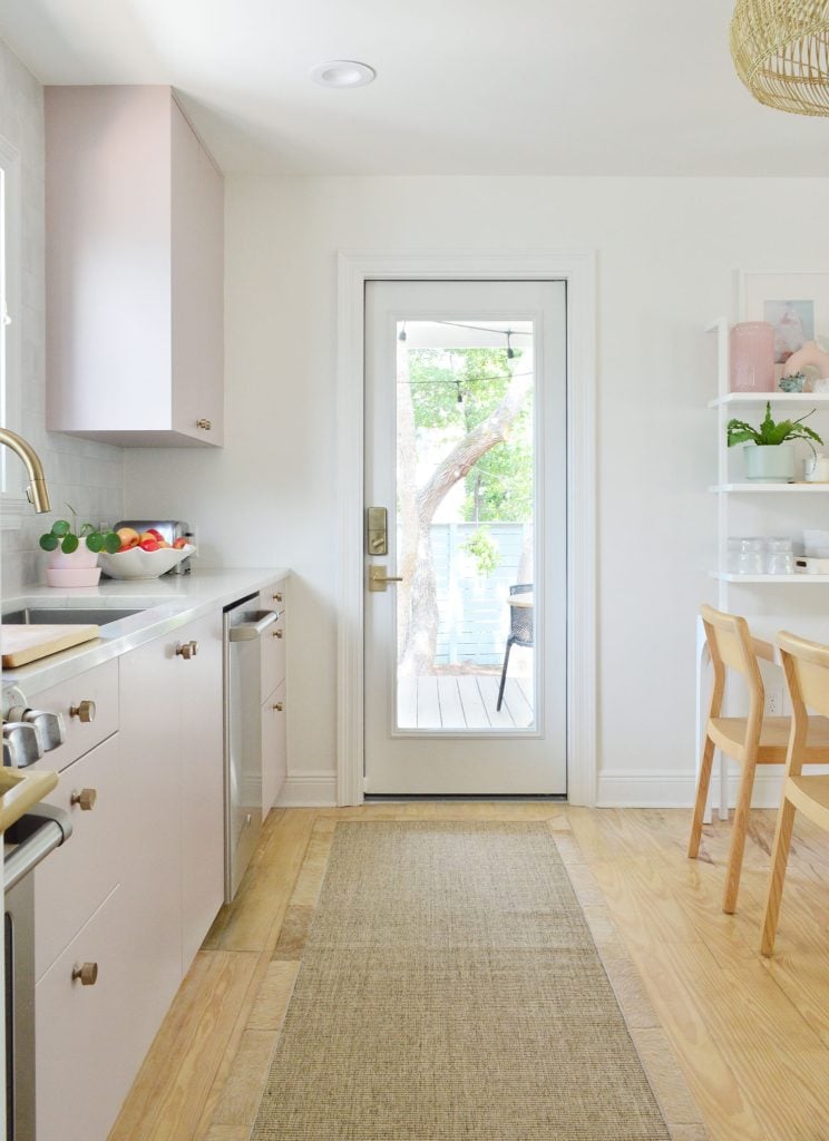 beachy-kitchen-porch-door-closed-744x1024-1 View Towards Kitchen Porch Door In Painted Mauve Pink Ikea Kitchen With Jute Runner