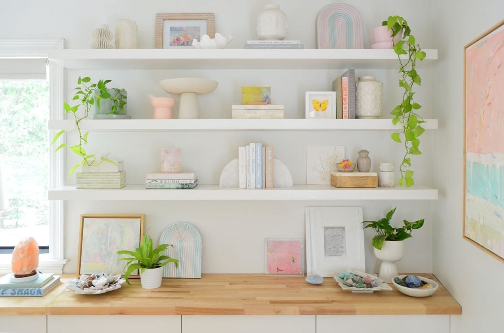 bedroom-floating-shelf-straight-horizontal-1024x677-4 Three Long Ikea Lack Floating Shelves Decorated With Plants Books And Objects