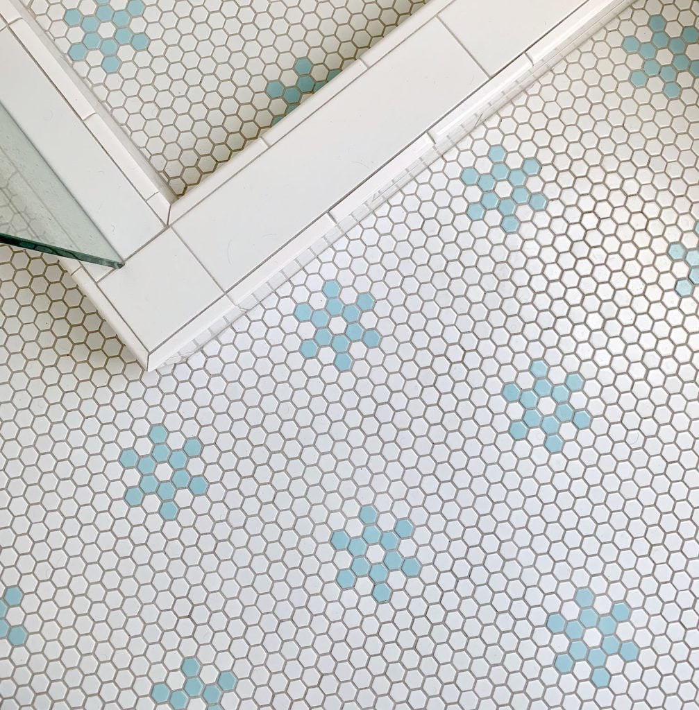 best-grout-mapei-hex-floor-warm-gray-grout-1007x1024-1 Hex tile bathroom floor with aqua blue flower shapes