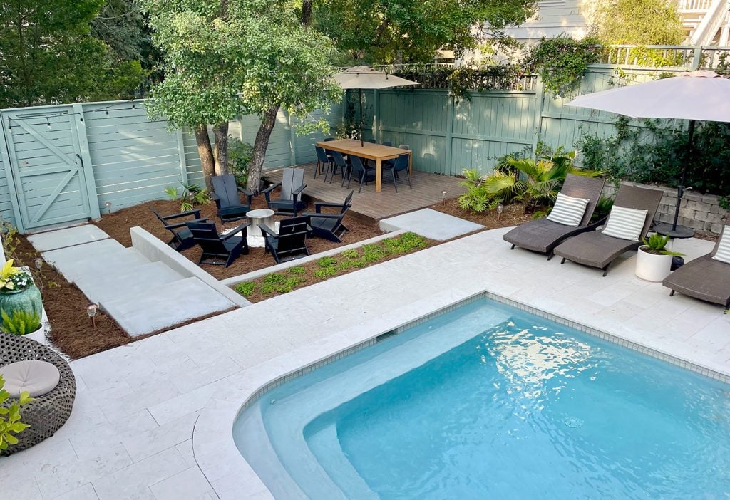 bigger-pool-backyard-from-roof-conrer-1024x702-1 Overhead View Of Larger Backyard Pool Area With Lounge And Dining Area