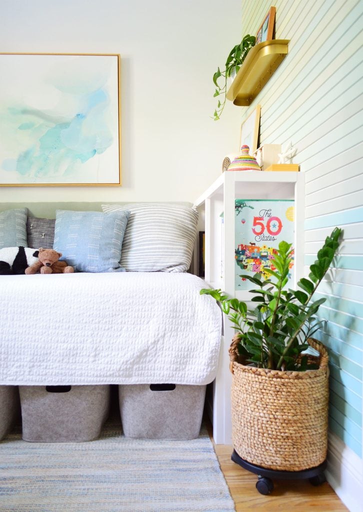 boys-bedroom-colorful-wall-treatment-rug-726x1024-2 Boys Bedroom With Colorful Wood Wall Treatment And Blue Rug