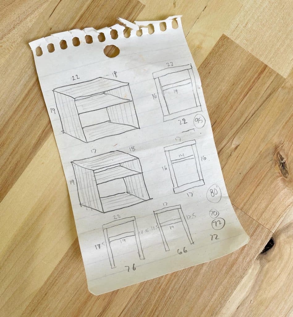 butcher-block-nighstands-sketch-948x1024-1 Sketches Of DIY Nightstand Ideas On Notebook Paper With Dimensions