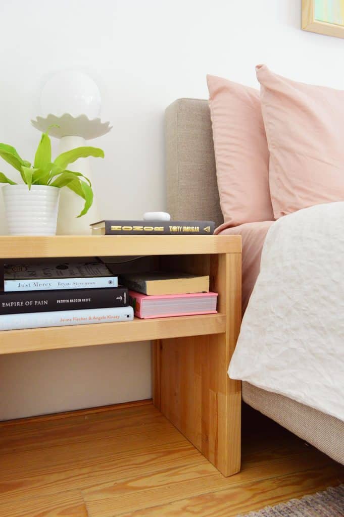 butcher-block-nightstand-final-john-angle-681x1024-1 DIY Butcher Block Nightstand With Single Shelf Next To Upholstered Bed