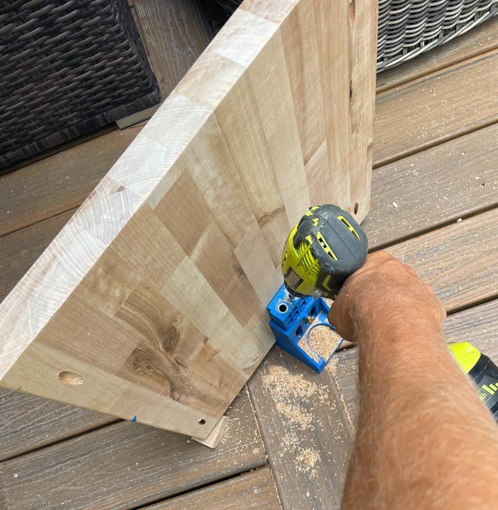 butcher-block-nightstand-kreg-jigging-shelves-999x1024-1 Drilling Pocket Holes Into Nightstand Shelf Using Kreg Pocket Jig