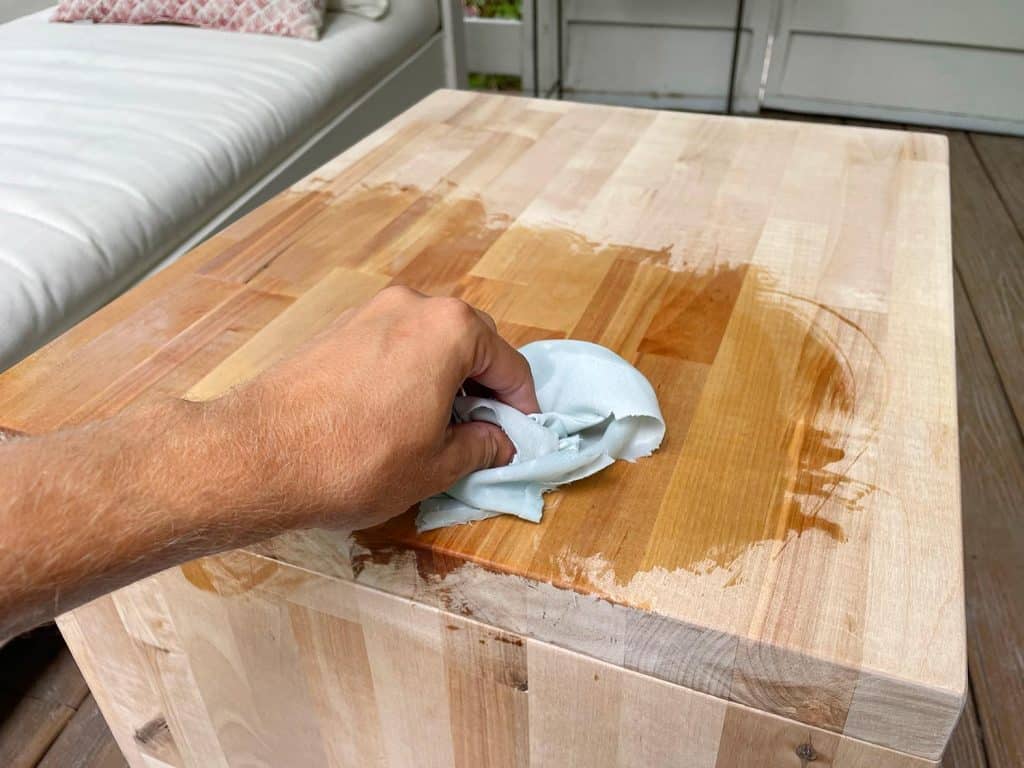 butcher-block-nightstand-oiling-application-1024x768-1 Applying Cutting Board Oil To Seal Butcher Block Bedside Table