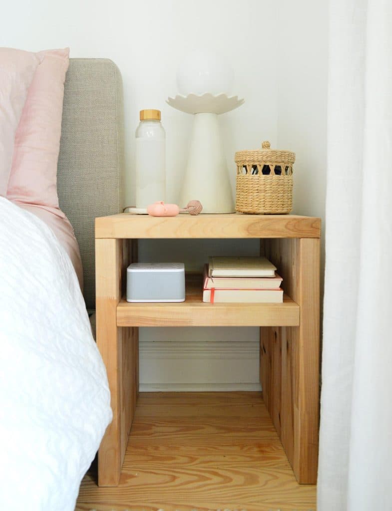 butcher-block-nightstand-sherry-straight-closer-785x1024-1 Close Up Of Simple Modern DIY Nightstand With Single Shelf