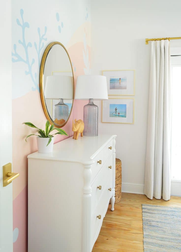 colorful-wall-mural-after-coral-from-door-736x1024-1 Side view of beachy mural on daughters tall bedroom wall
