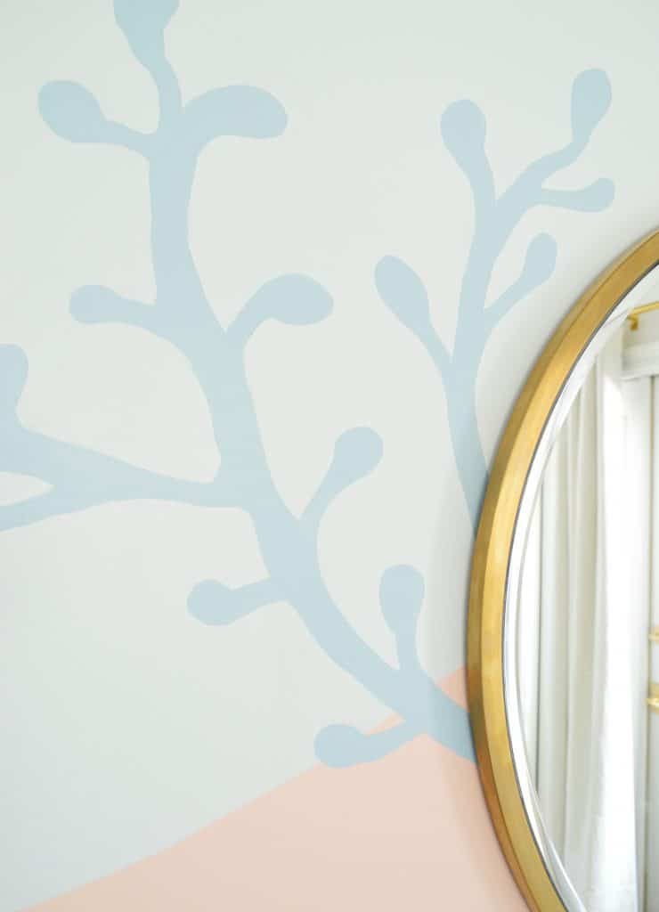 colorful-wall-mural-after-detail-coral-740x1024-1 Blue coral shape painted onto abstract mural in beachy girls bedroom