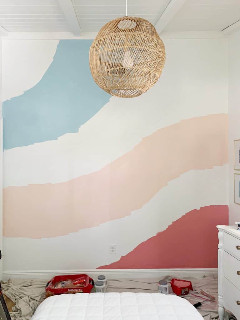 colorful-wall-mural-first-stripes-added-768x1024-1 First three stripes painted in abstract wall mural in girls room.