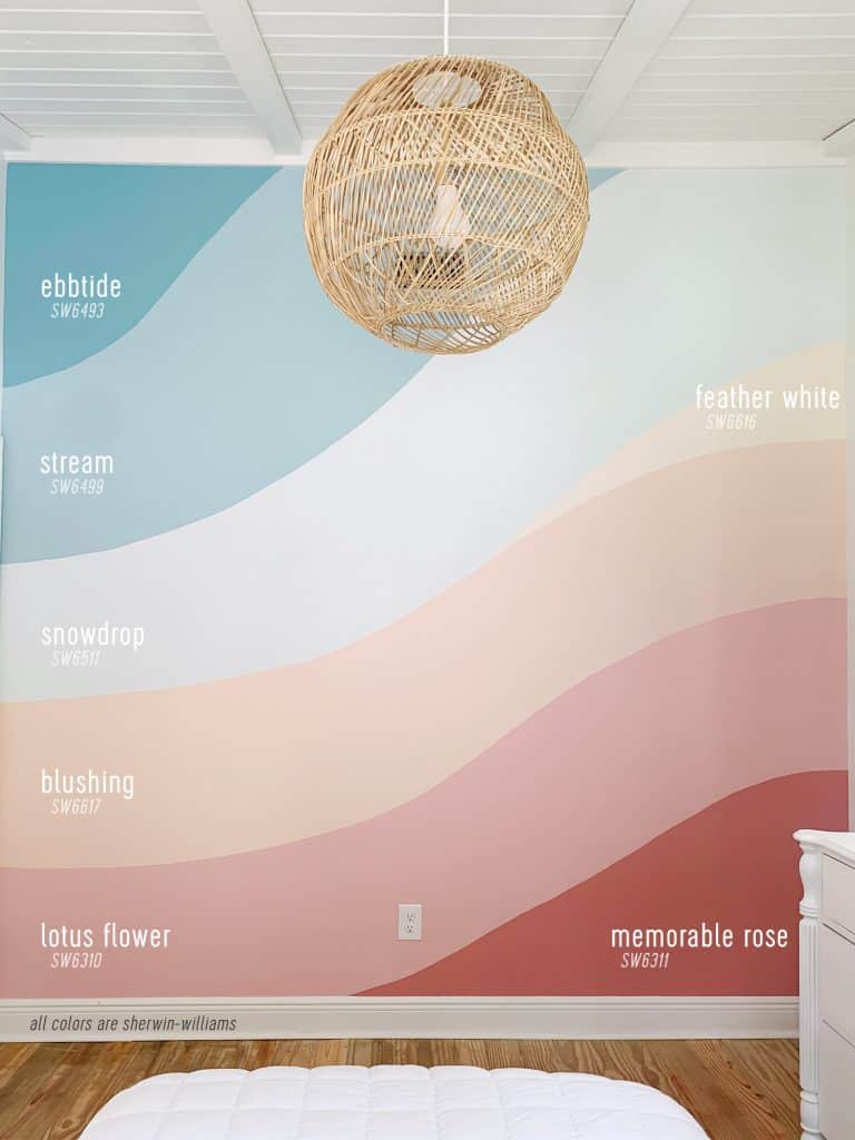 colorful-wall-mural-paint-colors-with-codes-768x1024-1 Abstract wall mural on wall with paint colors labeled Sherwin Williams Ebbtide Stream Snowdrop Blushing Lotus Flower Feather White Memorable Rose