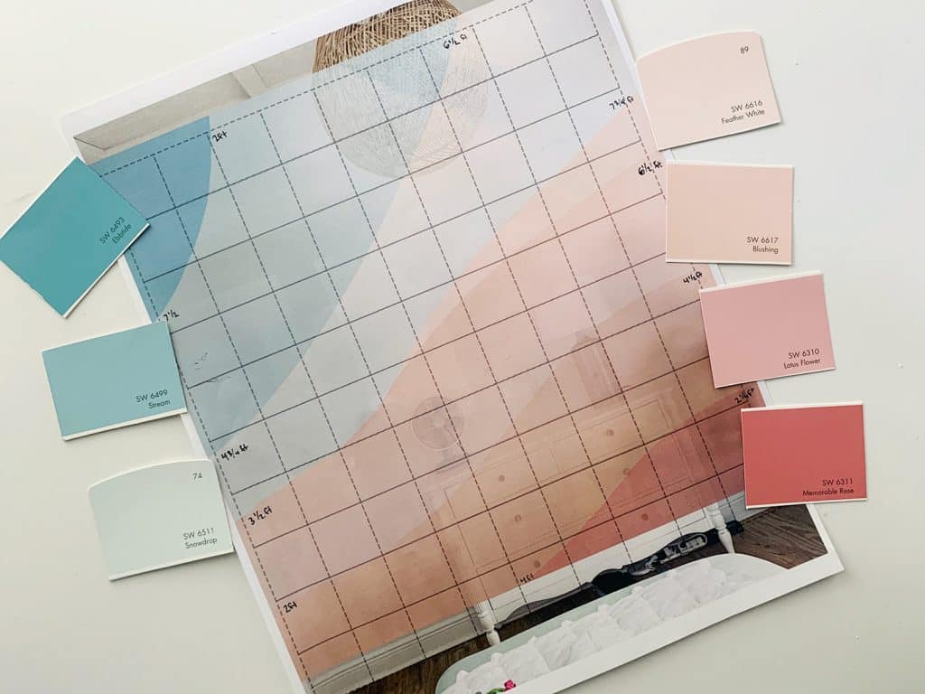 colorful-wall-mural-paint-swatches-1024x768-1 Mural mock up design on paper with grid guidelines and color swatches